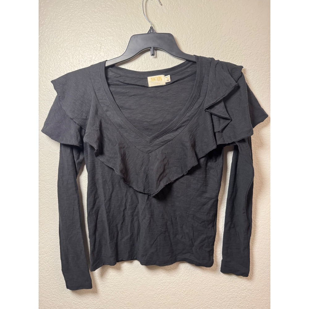 Nation LTD Womens Black Ruffle V-Neck Long Sleeve Slub Cotton Top Small